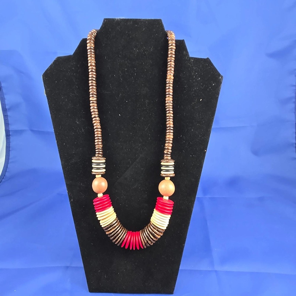 Vintage Tribal Wooden Bead Necklace with Golden Screw Clasp‎ 18"